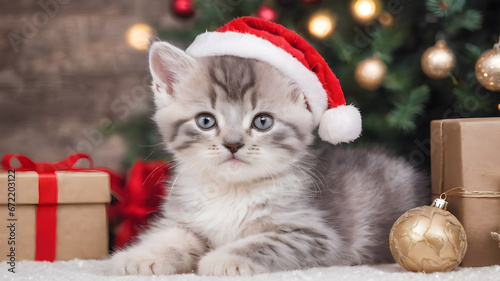 portrait of happy cute kitten wearing santa hat and celebrating Christmas holidays Christmas tree and Christmas lights in background