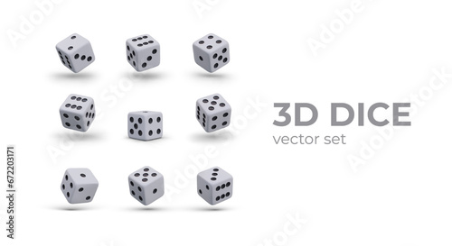 Set of 3D dice in different positions. Realistic images for gaming business. Illustrations for online games. All game numbers from 1 to 6. Ace  deuce  trey  cater  cinque  sice
