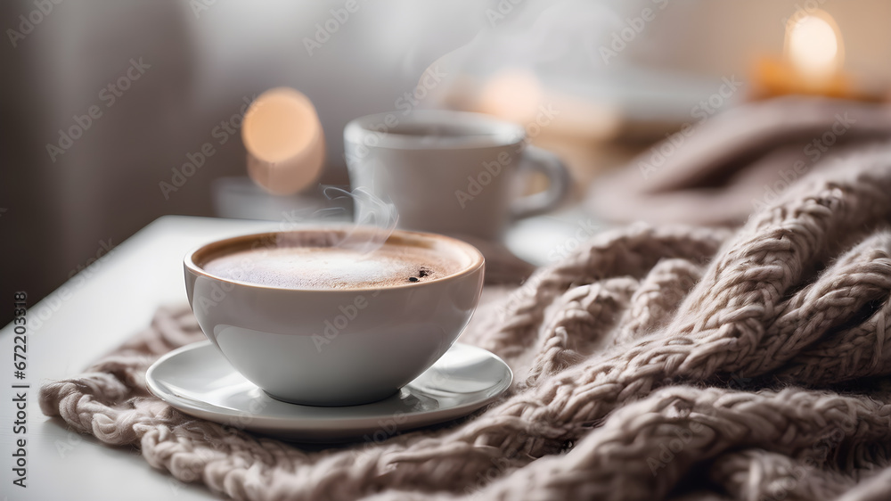 Warm drink on the windowsill in winter time, Winter coffee latte in white cup on windowsill 