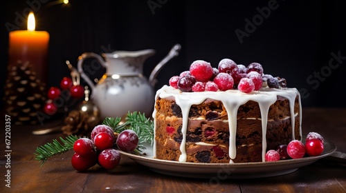 Delicious and festive fruit cake with candied cherries  nuts  and powdered sugar on a wooden table