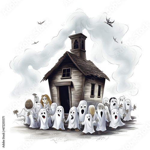 ghost house illustration images,small ghost is stanging outside the house,ghost at the haunted house photo