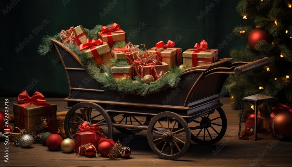 Photo of a Festive Holiday Scene with a Laden Wagon and a Beautifully Decorated Christmas Tree
