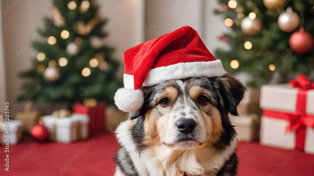 portrait of happy cute dog wearing santa hat and celebrating Christmas holidays