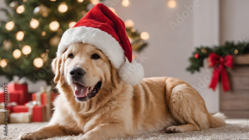 portrait of happy cute dog wearing santa hat and celebrating Christmas holidays