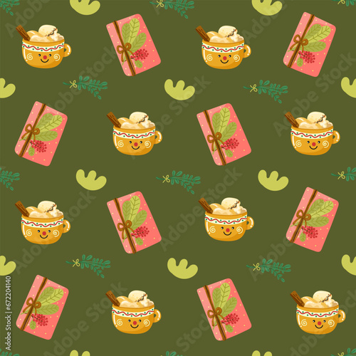 Christmas and Happy New Year seamless pattern with Christmas toys, gifts and sweets. Trendy retro style. 