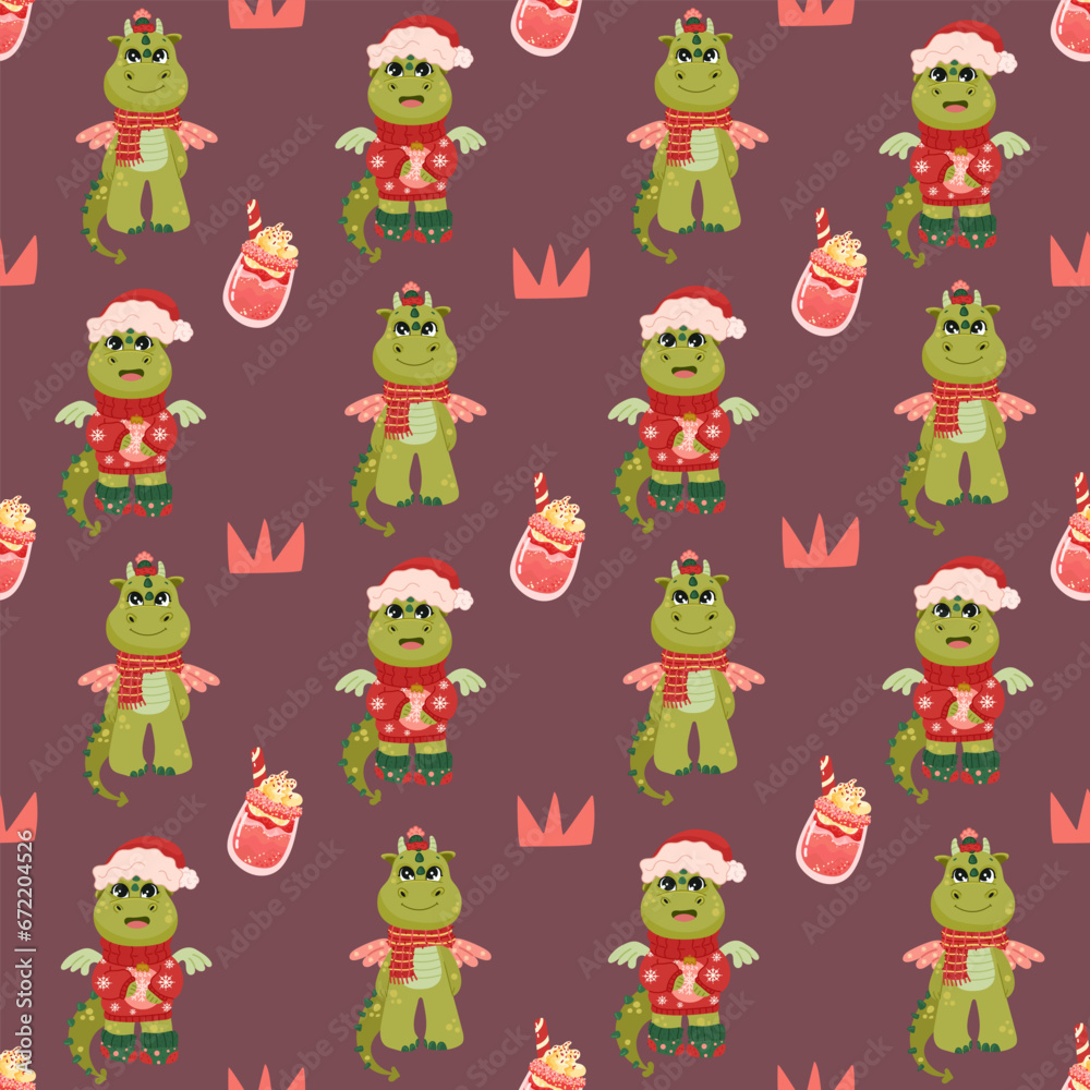 Christmas and Happy New Year seamless pattern with Christmas toys, gifts and sweets. Trendy retro style. Christmas and Happy New Year seamless pattern with Christmas toys, gifts and sweets. Trendy retro style.