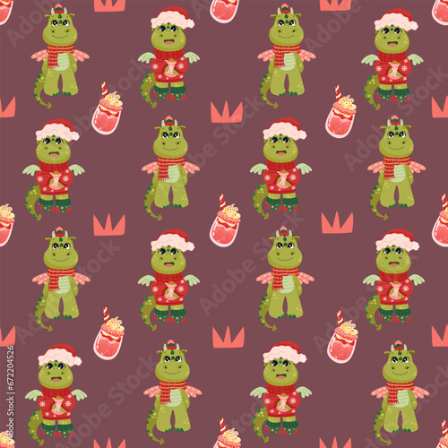 Christmas and Happy New Year seamless pattern with Christmas toys, gifts and sweets. Trendy retro style. 