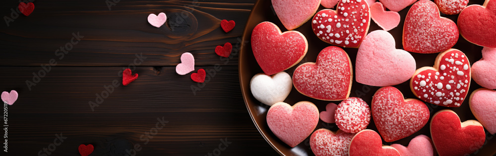 Fototapeta premium Sweet Hearts: Overhead View of Red Valentine's Day Sugar Cookies
