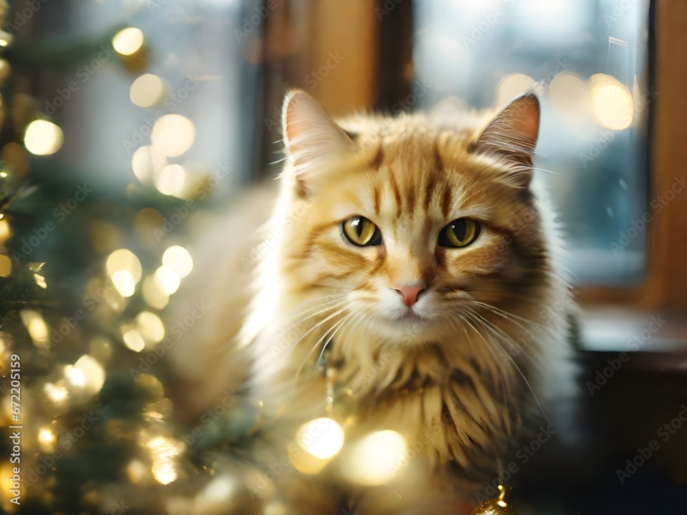 Cute cat with golden sparkling on the window. Christmas and New Year. Fluffy cat.