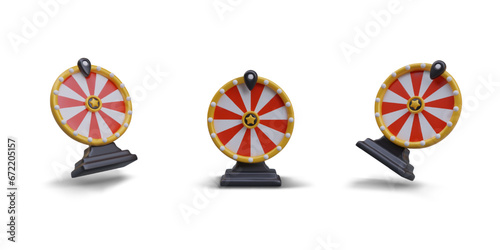 Vector realistic wheel of fortune in different positions. Roulette without marking, mockup. Game spin on stand. Set of isolated illustrations with shadows. Symbol of random choice, draw, lottery