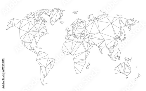Polygonal world map simplified to triangular lines on transparent background.