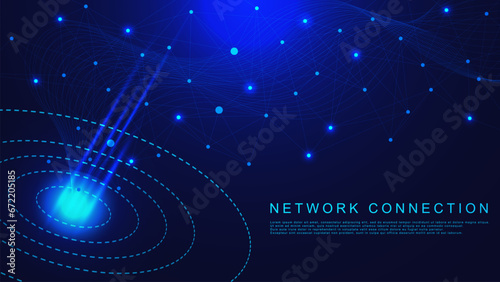 Digital technology high speed transfer data or internet of things IOT concept. Connecting dots and line for network connection and communication background.