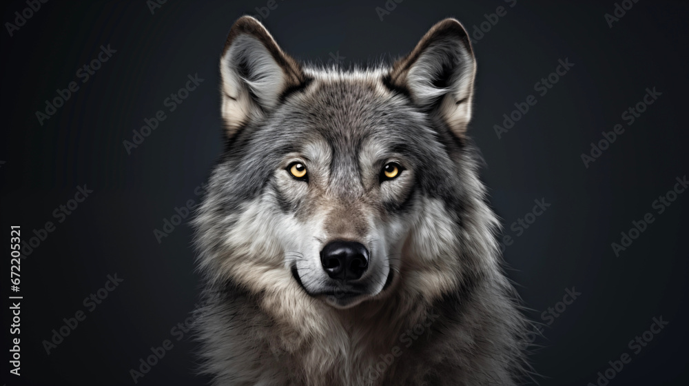 Close-up portrait of a wolf isolated on dark background. Minimalistic style. AI generated content. Close-up portrait of a wolf isolated on dark background. Minimalistic style. AI generated content.