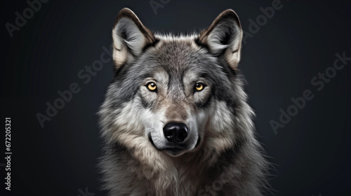 Close-up portrait of a wolf isolated on dark background. Minimalistic style. AI generated content. © Andrii