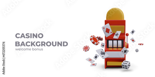 Vector mockup of slot machines with blank discs. 3D playing cards, poker chips, dice. Color realistic composition, stop motion. Concept of fast winning, online gambling