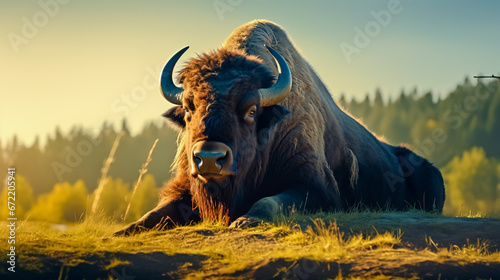 A huge bison resting on a shade under a tree. Buffalo in Wildlife.