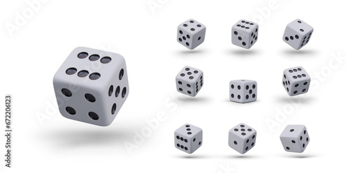 Set of vector realistic gambling dice in different positions. Isolated illustrations with reflections and shadows. Elements for vector combinations. All game faces photo