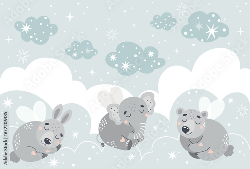 
Vector illustration with cute fairy-tale animals on the clouds. Suitable for printing wallpaper in a nursery room