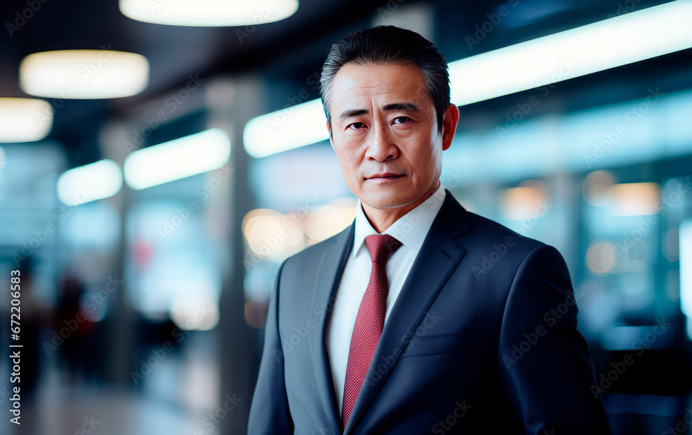 Asian business man portrait with blurred office in background.	