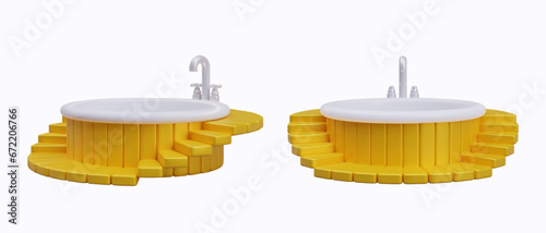 Set of realistic images of bathtub, front and side views. Vector object in different positions. Isolated color illustrations. Luxurious round bathtub for relaxation and hygiene