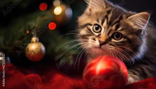 Photo of a Cute Little Kitten Admiring a Festive Christmas Tree