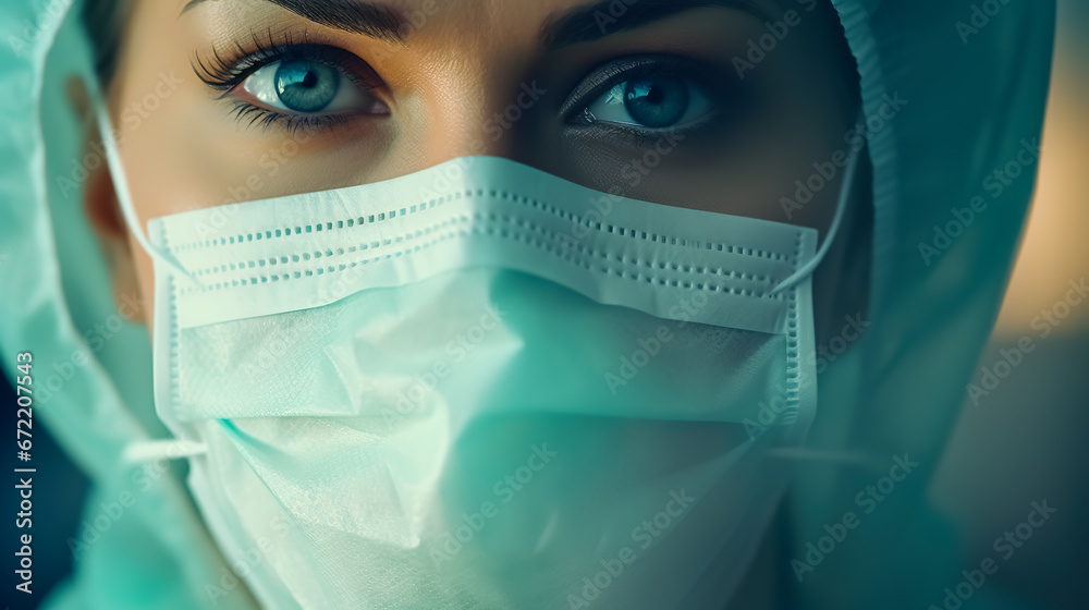 Woman wearing medical mask. Masked woman - protection against influenza virus.