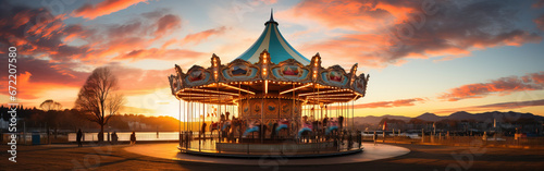 a swinging carousel fair ride in amusement park at sunset