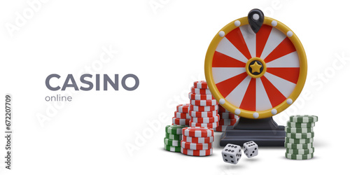 Poster for online casino. Realistic wheel of fortune, stacks of poker chips, gambling dice. Color vector composition on white background. Place for logo, text, button