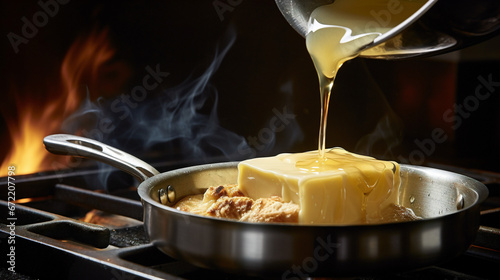 delicious piece of butter melting in a pan Generative AI photo