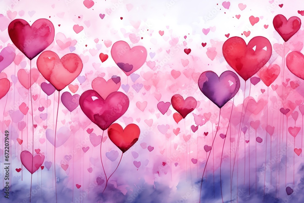 Valentine's day background with hearts watercolor style