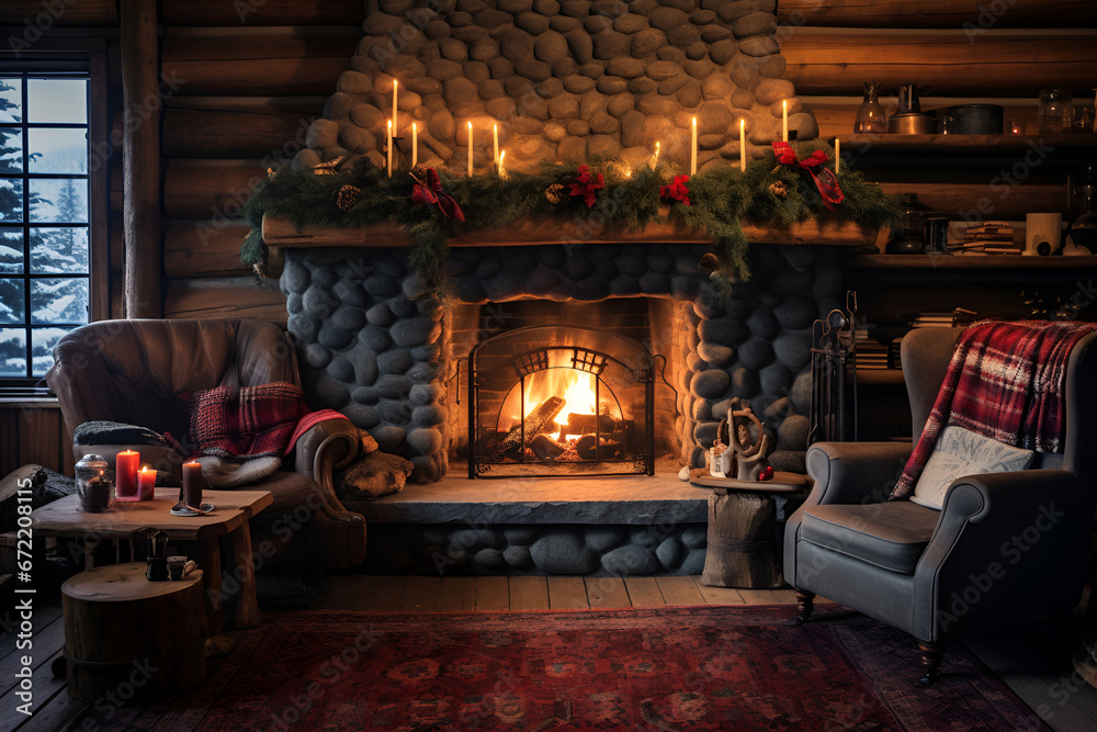 A cozy living room decorated for Christmas with a fireplace