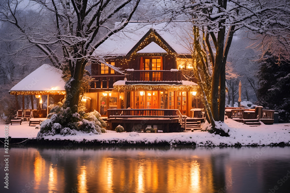 A cozy wooden cottage near a lake in a winter forest, decorated for Christmas - obrazy, fototapety, plakaty 