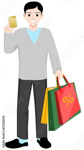 Young man holding credit card and shopping bags discount sale
