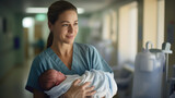 Portrait of pediatrician nurse holding and taking care newborn baby in hospital ward