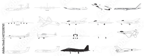 Passenger and Fighter Aircraft Airplanes in outlines - compendium vector illustrations editable best art design for multipurpose use in high definition format