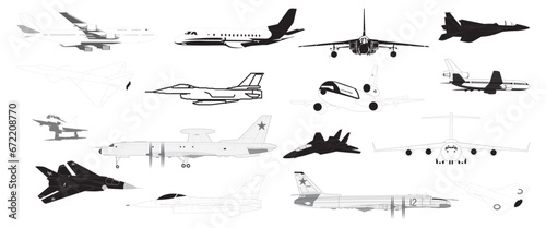 Passenger and Fighter Aircraft Airplanes in outlines - compendium vector illustrations editable best art design for multipurpose use in high definition format