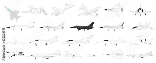 Passenger and Fighter Aircraft Airplanes in outlines - compendium vector illustrations editable best art design for multipurpose use in high definition format