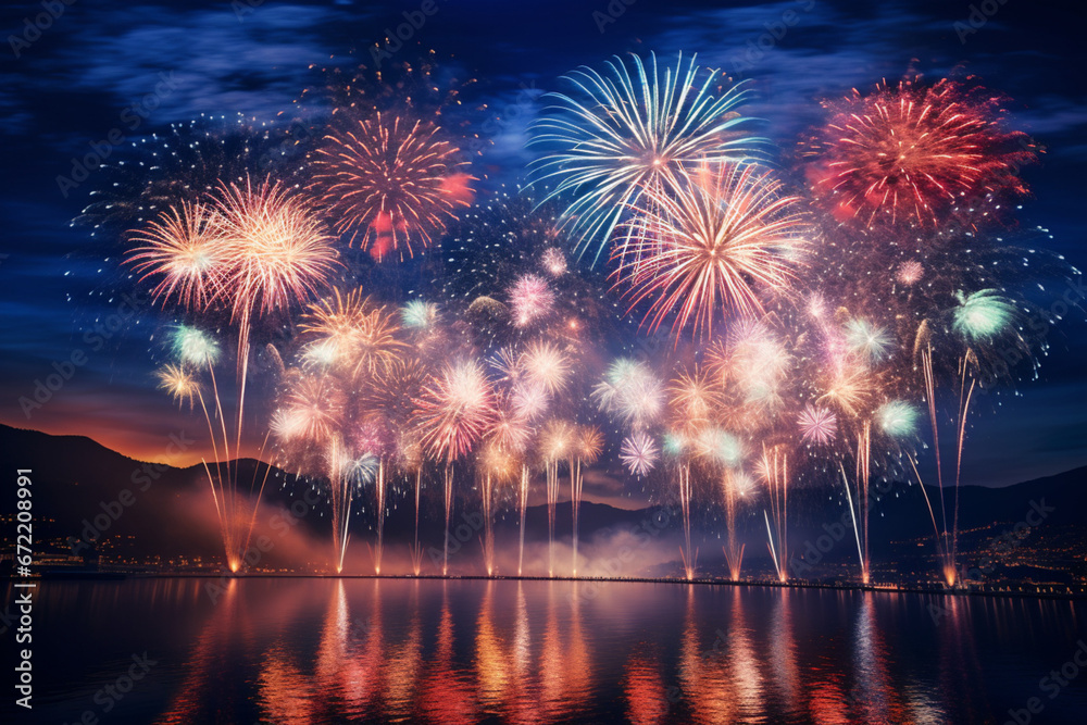 fireworks over the river happy new year day - obrazy, fototapety, plakaty 