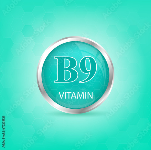 Vitamin B9 icon structure light green substance. Personal care, beauty concept. Medicine health symbol of thiamine. Drug business concept. Vector Illustration 3D Vitamin complex with chemical formula