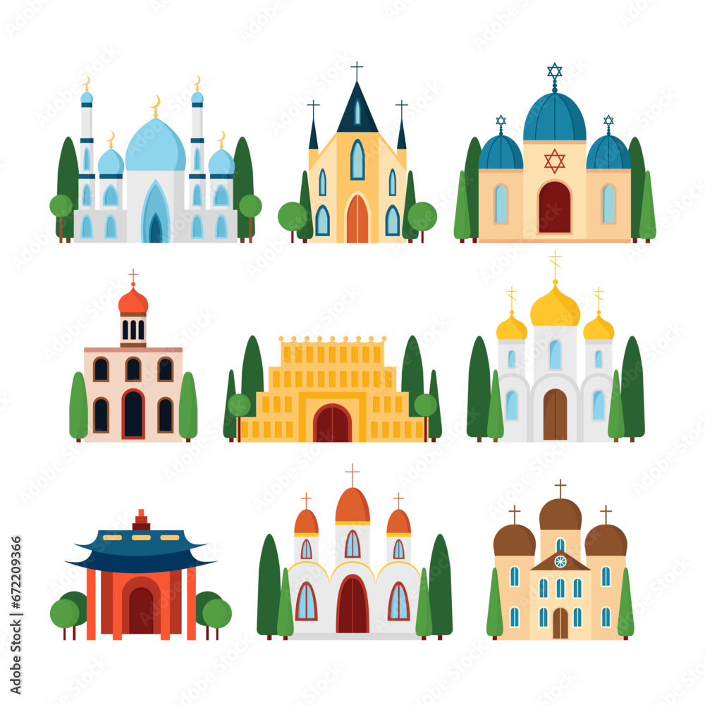 Set of churches buildings different religion vector flat illustration. Vector temples of world religion set