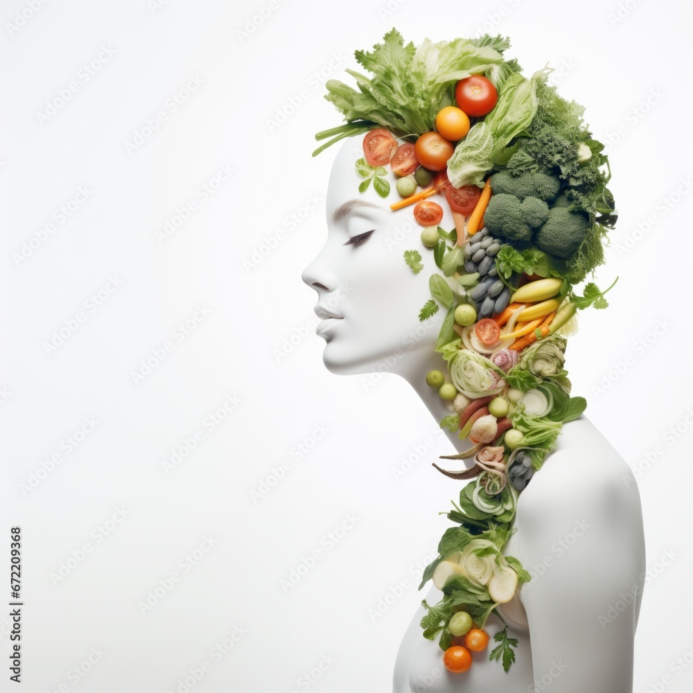 Vegetables and fruits on the head of a woman made of plastic