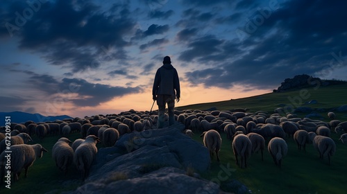 Shepherding at twilight, wide-angle shot of a shepherd guiding his flock under a pastel sky, capturing the timeless bond between man and beast.