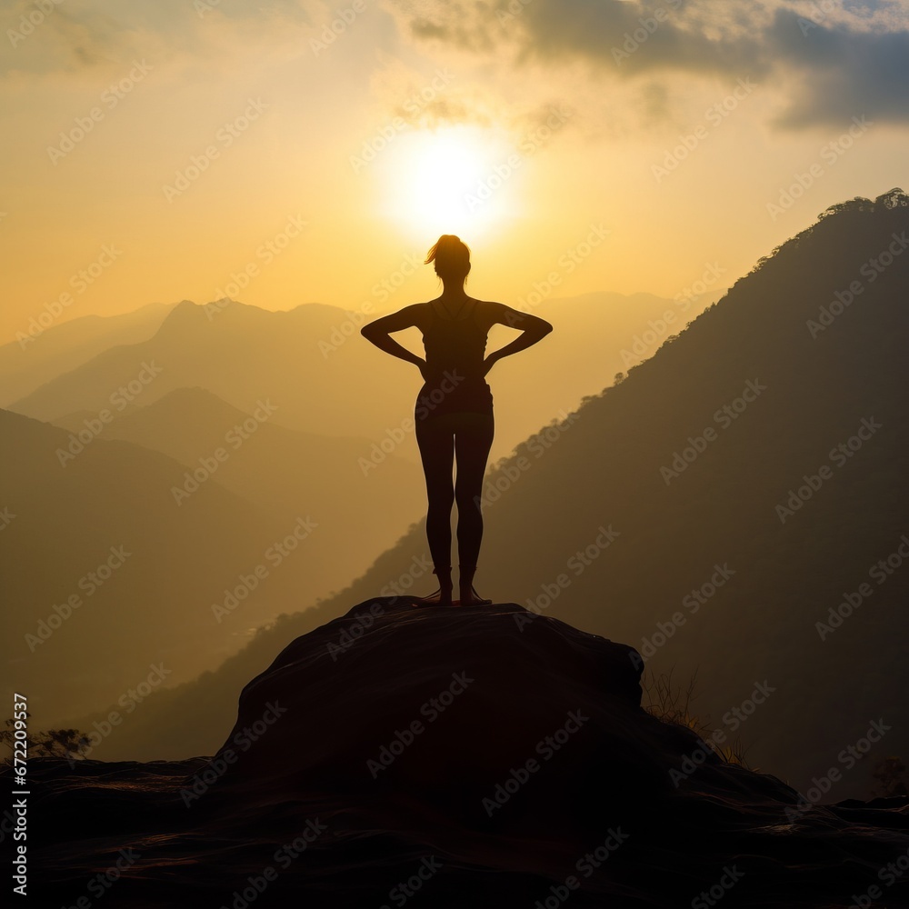 Woman practicing yoga and meditation on a mountain at sunset or sunrise. Woman on top of a mountain