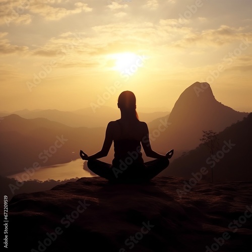 Woman practicing yoga and meditation on a mountain at sunset or sunrise. Woman on top of a mountain