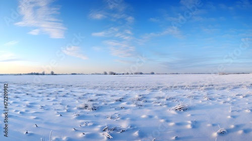 Winter s resting fields  panoramic shot of snow-covered fields lying dormant  emphasizing nature s cyclic rest and rejuvenation.