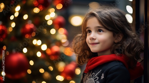 Young girl smiling and holding a gift box near a decorated Christmas tree in a cozy living room