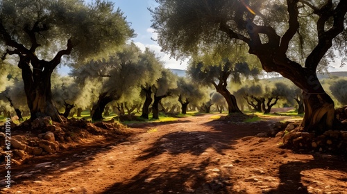 Olive grove in sunlight, wide-angle shot of an olive orchard, trees casting long shadows, capturing the essence of Mediterranean agriculture.