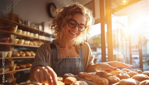 Young woman in cute cozy pastry shop buying bread and cake. A beautiful young woman looks at a glass showcase with sweets. Smiling blonde copy space