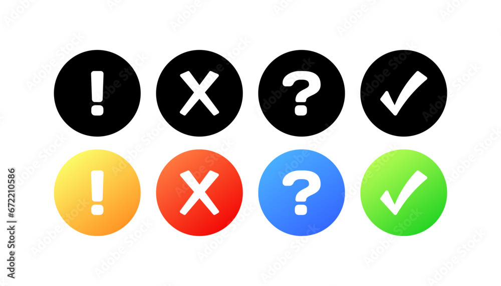 Different icons. Different styles, color, exclamation mark, cross, question, tick, different signs. Vector icons Different icons. Different styles, color, exclamation mark, cross, question, tick, different signs. Vector icons