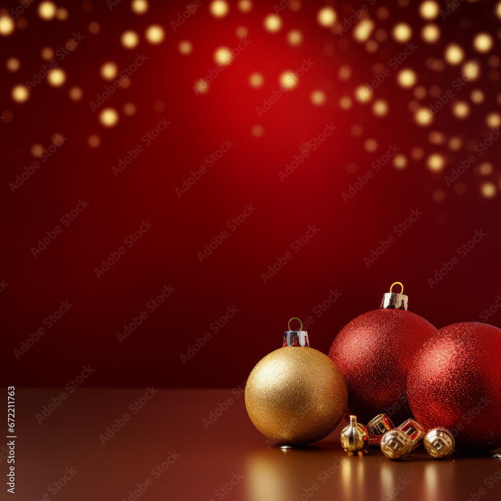 Red Christmas background with golden Christmas baubles Red Christmas background with golden Christmas baubles